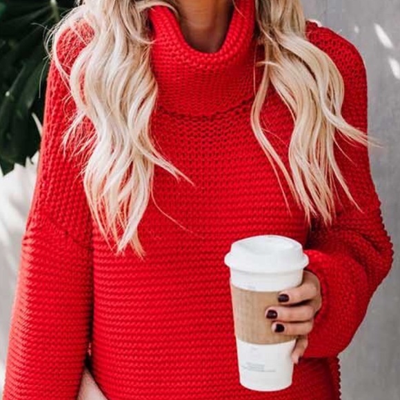 Red Extra Thick & Chunky Knit Turtleneck Sweater - Picture 8 of 8